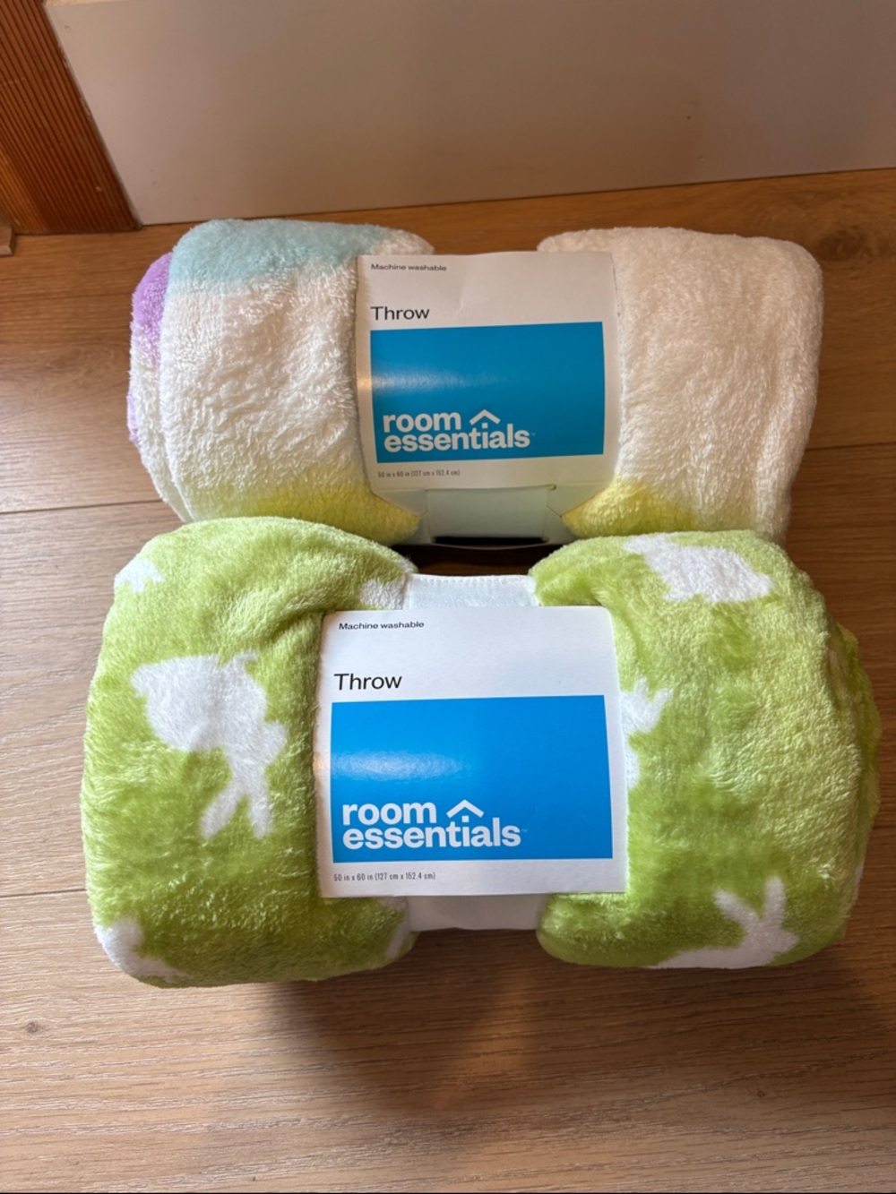 Room Essentials Plush Throw- Set of 2-White with pastels & Lime green with white